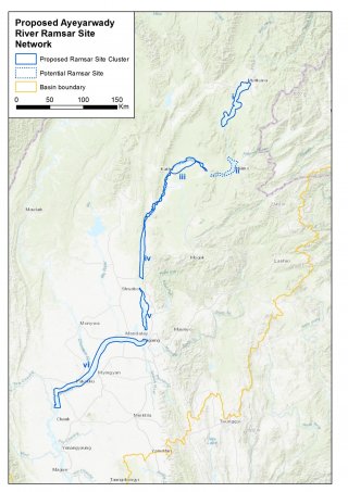 Cluster von sechs verschiedenen Flussabschnitten, die als Ramsargebiet vorgeschlagen werden.